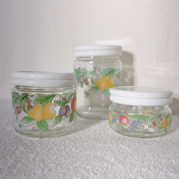 Vintage 80s KIG Indonesia Glass Fruit Flower Canister Set (3) - Picture 1 of 12